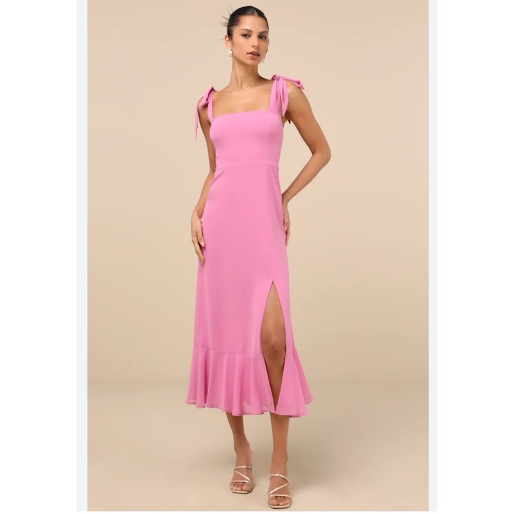 NWT Lulus Elegant Pink square neck Tie Sleeves Sleeveless Dress Sz Medium - Picture 7 of 7